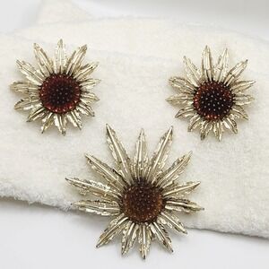 Vintage Sarah C Starburst Flower Brooch Clip Earrings Set Gold Amber 60s MCM